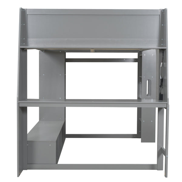 English Elm Wood Full Size Gaming Loft Bed Pine Frame with Led Lighting Desk and Storage Shelves N7090001042E-1