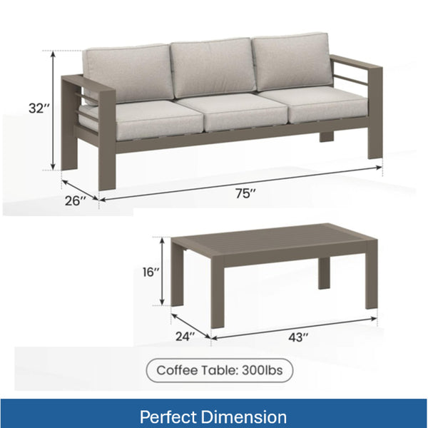 English Elm 2 Piece Outdoor Iron Patio Sofa Set with Thick Cushions and Wood Grain Coffee Table Light Khaki+Beige B082P455115