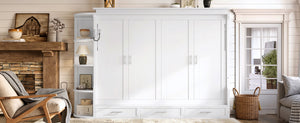 English Elm Queen Murphy Wall Bed with Side Cabinets Open Shelving and Drawers for Studio Rooms White W1580S00452