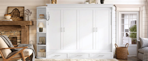 English Elm Queen Murphy Wall Bed with Side Cabinets Open Shelving and Drawers for Studio Rooms White W1580S00452
