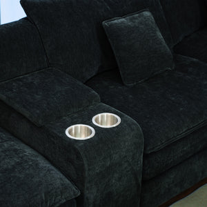 English Elm U Shaped Sectional Cloud Couch for Living Room 144" Plush Modular Sofa with Ottoman Storage Console Cupholders Black W3276S00011