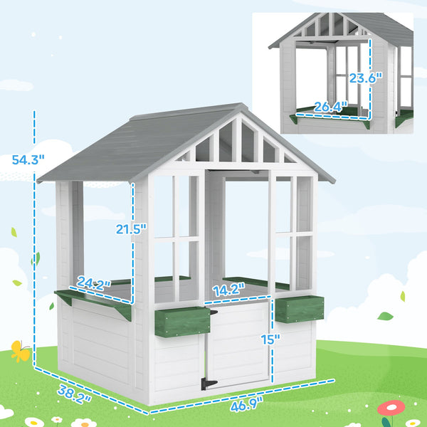 English Elm Wooden Fir Outdoor Kids Playhouse Cottage with Serving Station and Ventilating Windows T3971P442827