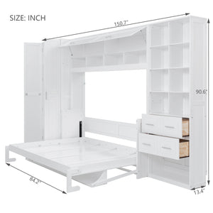 English Elm Queen Murphy Wall Bed Cabinet System with Wardrobe Drawers and Shelving in White Mdf LP000384AAK-1