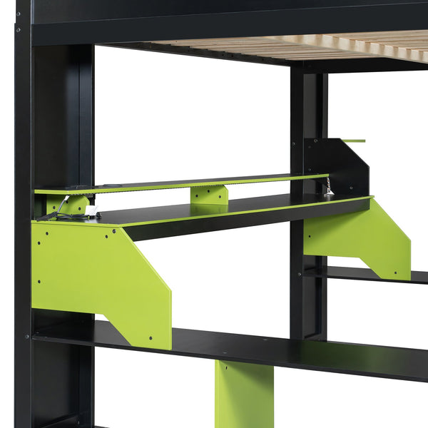 English Elm Full Size Gaming Loft Bed with Rgb Lighting Built-in Desk and Usb Charging Ports Green LT000275AAF
