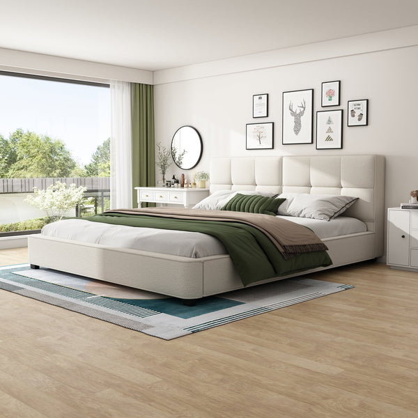 English Elm Christopher Knight Home® - King Size Boucle Bed Frame – Modern Upholstered Platform With Curved Headboard & Soft Corners, Beige N757P235227W