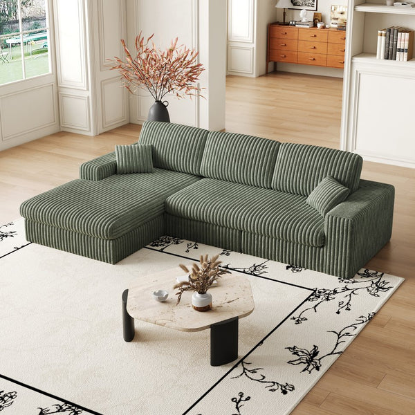 English Elm 114.5'Modern Corduroy Modular sofa with reversible chaise, slow-rebound foam cushions and versatile L-shape seating Green W834S00459