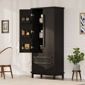 English Elm 70" Tall Pantry Cabinet Rubberwood Legs Three Drawers Six Door Shelves Kitchen Storage Black N762P326960B