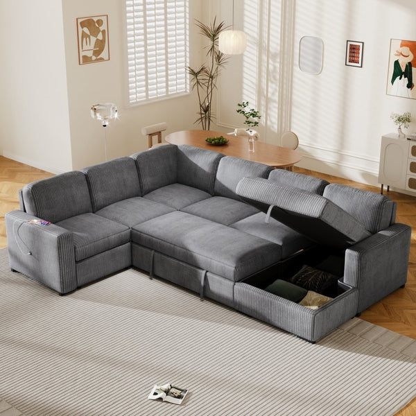 English Elm U_Style U-Shaped Corduroy Sofa With Usb Ports & Storage – 6-Seater Modular Sectional For Any Space N711P235755E-GIGA