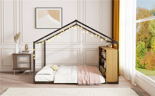 English Elm Full House Bed Frame with Shelves & LED Lights — Metal + Wood Full-Size Playhouse Bed for Kids Room Decor Black N737P176706B