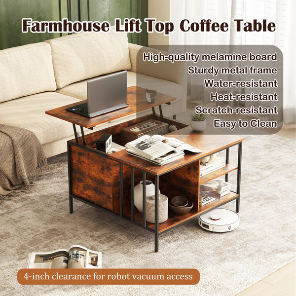 English Elm Farmhouse Lift Top Coffee Table With Hidden Storage - Adjustable Height Centerpiece For Modern Living T2398P354183