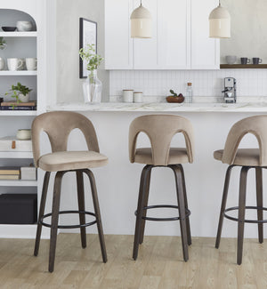 English Elm Fixed-height Swivel Barstools Walnut Bentwood Taupe Velvet Seat Mid-century Set of 2 B202S01887
