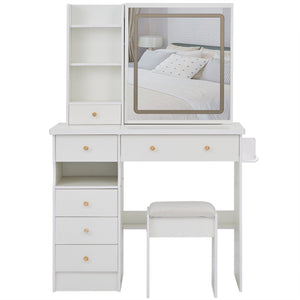 English Elm 37" Vanity Table Set with Led Mirror Stool Built-in Outlets and Hair Dryer Storage White W3258P448842