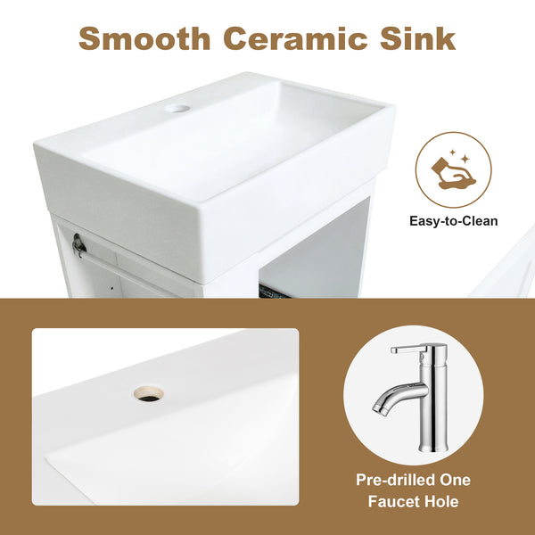 English Elm 20-Inch Compact Bathroom Vanity with Ceramic Sink, Wall-Mounted MDF Cabinet, Modern Space-Saver Design White N725P314023K