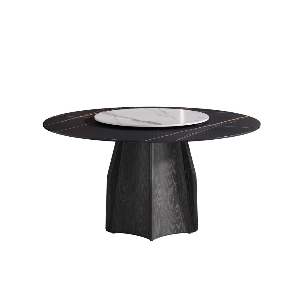 English Elm 59.05" Round Marble Dining Table With Black Wood Base, Turntable & Seating For 6-8, Modern Elegance W1535S00383