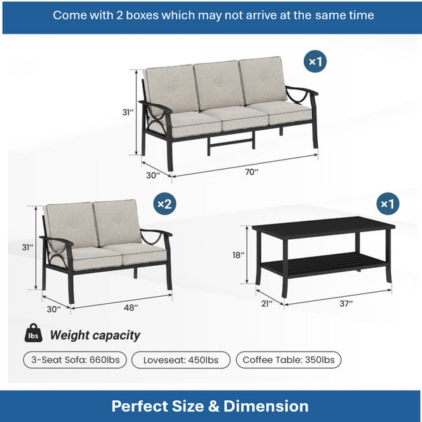English Elm 3-piece Outdoor Steel Patio Conversation Set with Thick Cushions and Coffee Table Grey+Black B082S00134