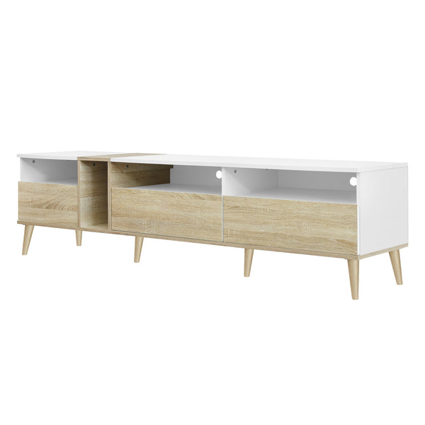 English Elm Modern TV Stand with 3 Drawers & 4 Open Shelves, 80" Media Console White+Wood, Cable Management, P2 Board N710P234108K