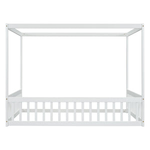 English Elm Full Full Size Canopy Frame Rubber Wood Floor Bed with Fence Guardrails White – Imaginative Kids Retreat, 400 lb Capacity, Malaysian Craftsmanship W504P364861