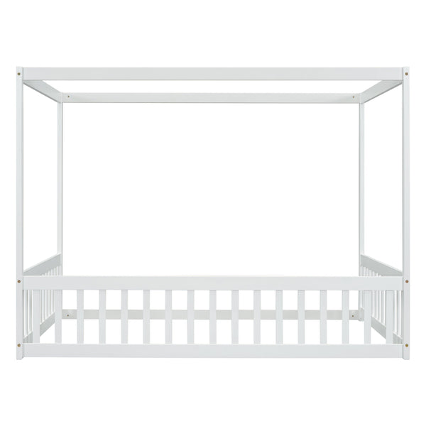 English Elm Full Full Size Canopy Frame Rubber Wood Floor Bed with Fence Guardrails White – Imaginative Kids Retreat, 400 lb Capacity, Malaysian Craftsmanship W504P364861