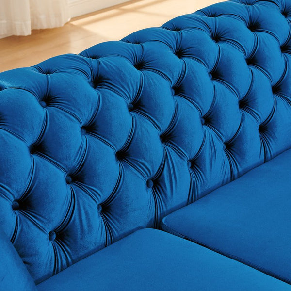 English Elm 106 Inch Velvet Tufted Chesterfield Sectional with Gold Steel Legs for Large Living Rooms Blue W1191S00126