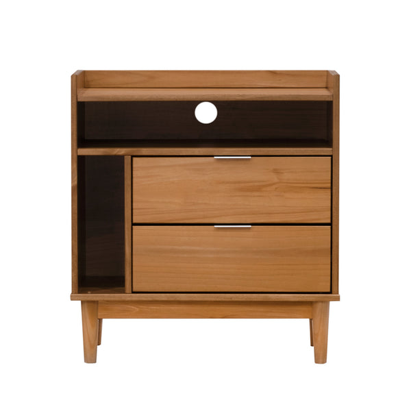 English Elm Walker Edison - Mid-Century Solid Pine 2-Drawer Gallery Nightstand with Tray Top, Open Cubby & Metal Pulls Caramel 28 L x 21 W x 7 H B185P168987