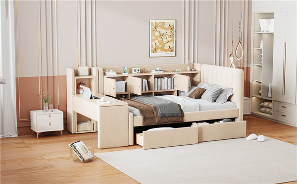 English Elm Twin Upholstered Daybed with Velvet Finish, High Back Shelves, Flip Cabinets, Drawers & Side Table Beige SF000196AAA