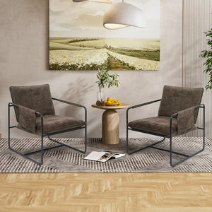 English Elm Accent Chair Mid-Century Rattan Arms Set of 2 with Rubber Wood Legs, Plush Fabric Seat, Cozy Lounge Brown T3950P399124