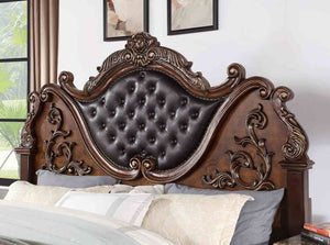 English Elm Luxurious Eastern King Bed Brown Cherry Baroque Tufted Leatherette Carved Wood Frame B2741S00813