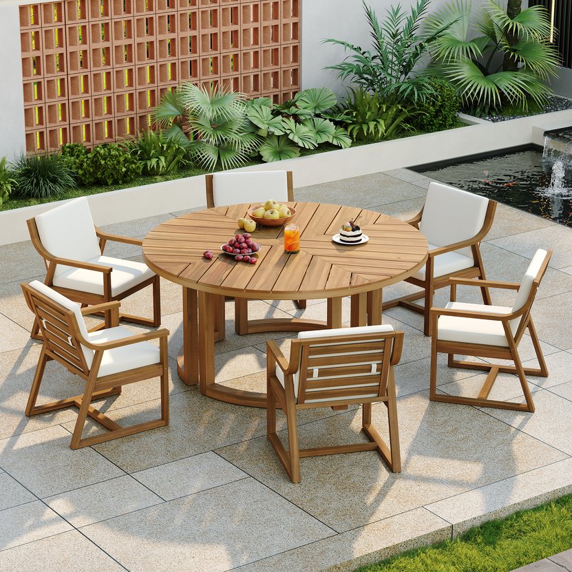 English Elm Trexm Outdoor Acacia Wood Round Dining Set Seats Six with Cushioned Chairs and Umbrella Hole Light Teak TM000027AAD