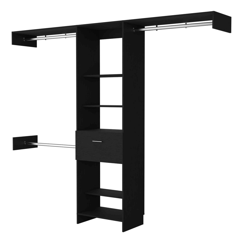 English Elm Cross Closet System premium organizer with one smooth drawer, three metal rods and five open shelves for versatile storage and style Black 82.68 L x 20.48 W x 3.55 H B128S00083