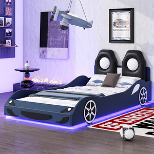 English Elm Wood Twin Race Car Platform Bed with LED Lighting, Upholstered Headrest, Sturdy Pine Build Blue GX002218AAC