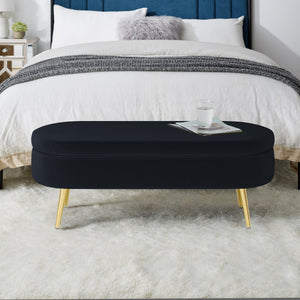 English Elm Ottoman Oval Flannel Storage Bench with Matte Metal Legs for Bedroom or Living Room Black W487P438627