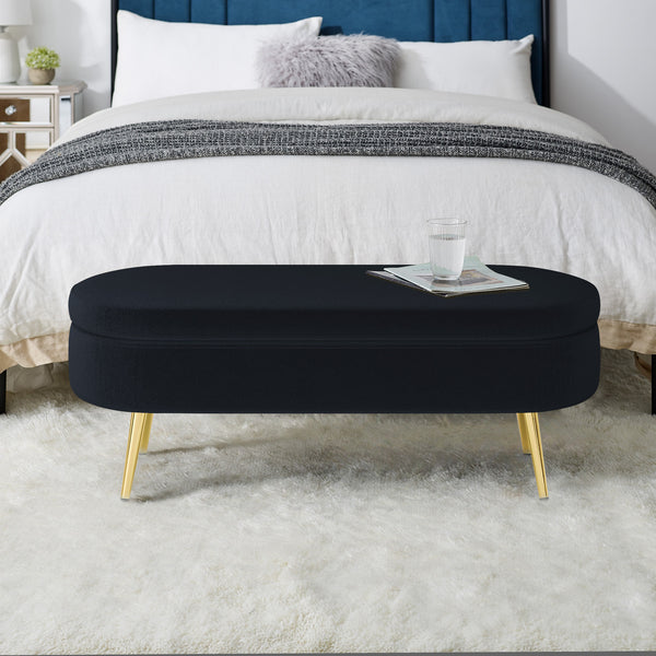 English Elm Ottoman Oval Flannel Storage Bench with Matte Metal Legs for Bedroom or Living Room Black W487P438627