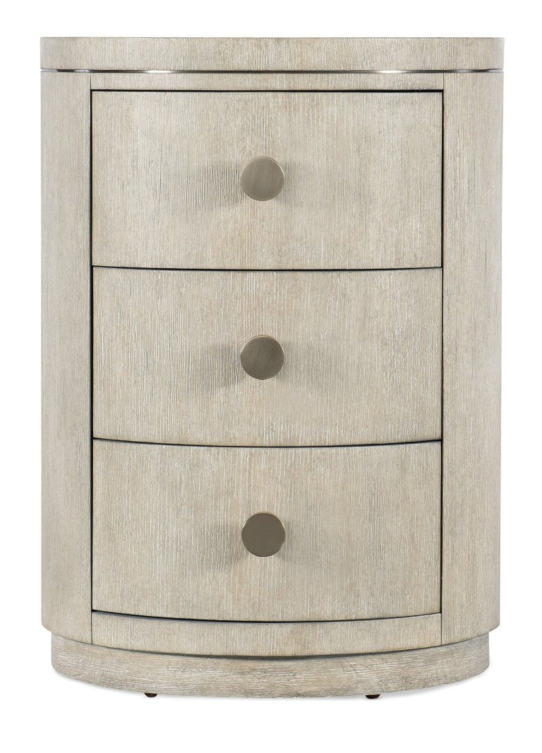 Hooker Furniture Modern Mood Round Nightstand With Diamond Oak Veneer, Pewter Accents & Leather Knobs, 3 Drawers Elegance Light Brown 6850-90315-80