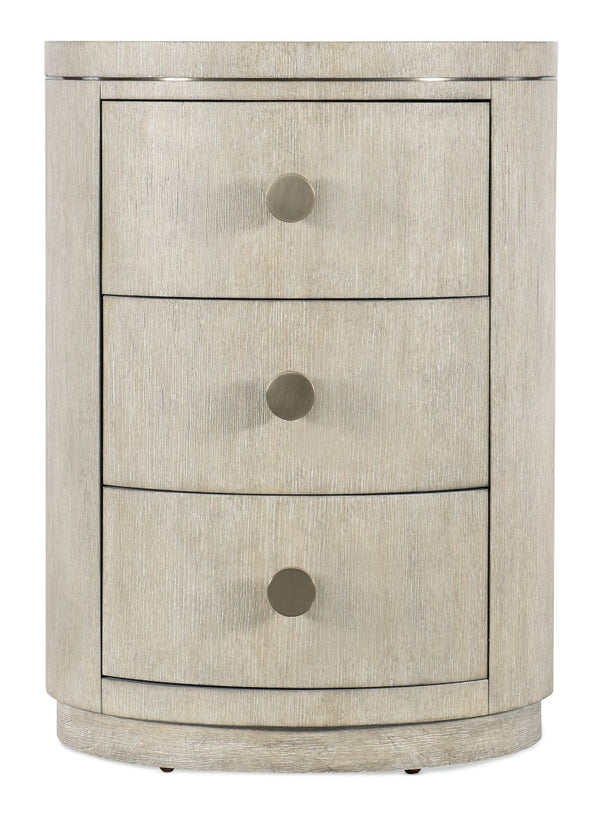 Hooker Furniture Modern Mood Round Nightstand With Diamond Oak Veneer, Pewter Accents & Leather Knobs, 3 Drawers Elegance Light Brown 6850-90315-80