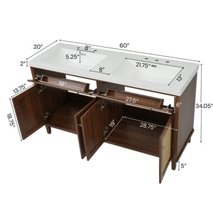 English Elm 60 Inch Double Sink Bathroom Vanity Rattan Pine Legs Soft Close Storage Brown N817P296140B