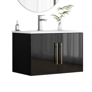 English Elm 30-Inch Black Gloss Wall-Mounted Bathroom Vanity With Soft-Close Doors & Gold Handle For Modern Style W3151S00051