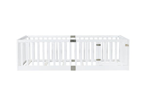 English Elm Twin Floor Bed Solid Rubber Wood with Tall Safety Railings for Toddler Sleep White W504P287652