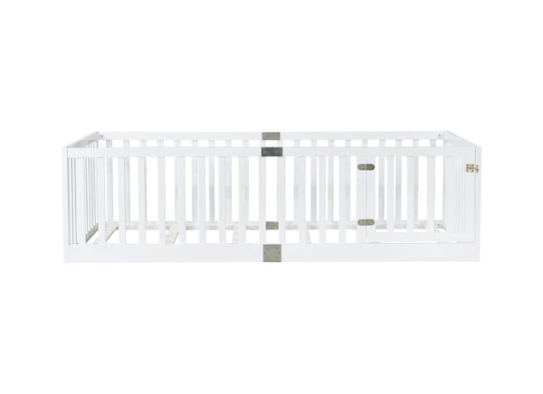 English Elm Twin Floor Bed Solid Rubber Wood with Tall Safety Railings for Toddler Sleep White W504P287652