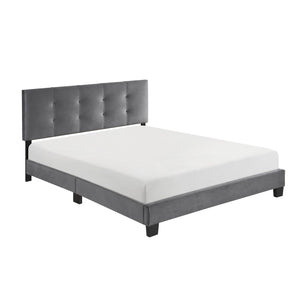 English Elm 1pc Queen Platform Bed Brown Velvet Upholstered with Button Tufted Adjustable Headboard, Low-Profile Solid Wood Frame 42" H Dark Gray 65.5 L x 26 W x 5 H B011P203579