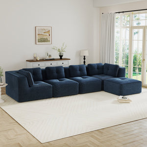English Elm Modern Corduroy Sectional Sofa with Tufted Cushions Deep Seat and Movable Ottoman Blue W714S01805