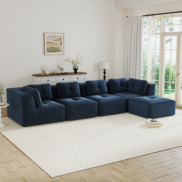English Elm Modern Corduroy Sectional Sofa with Tufted Cushions Deep Seat and Movable Ottoman Blue W714S01805