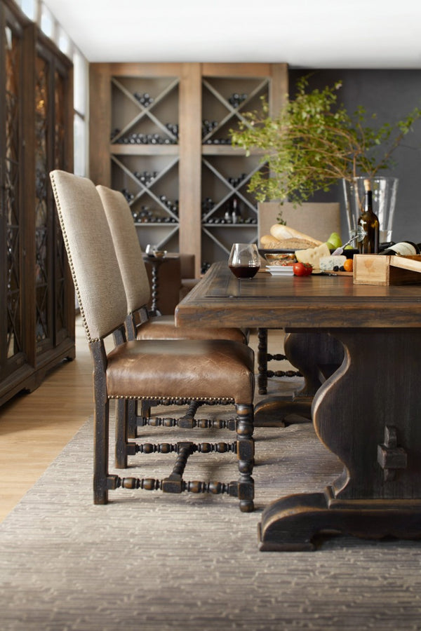 Hooker Furniture Bandera Rustic 86-Inches Trestle Dining Table With 2X18in Leaves, Weathered White Oak Veneer, Seats 10 5960-75200-BRN