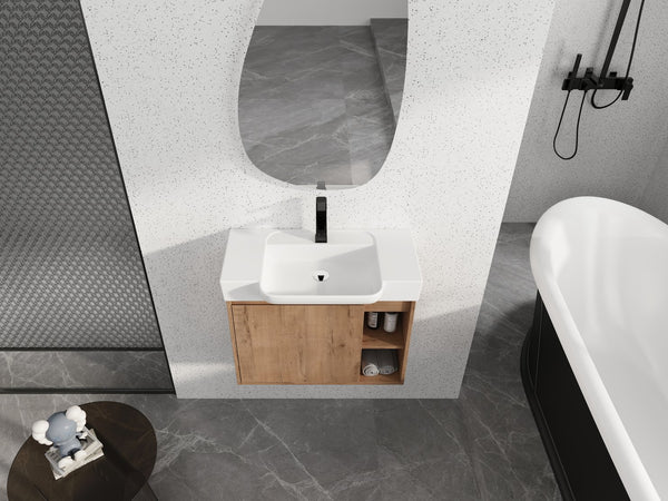 English Elm 28'' Floating Bathroom Vanity with Ceramic Sink Soft Close Door Melamine Cabinet Imitative Oak W999P426637
