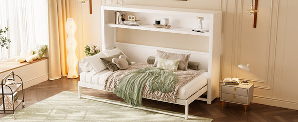 English Elm Twin Size Murphy Bed With Shelves - Space-Saving Metal Wall Bed Design For Stylish Small Rooms W1580S00275-GIGA