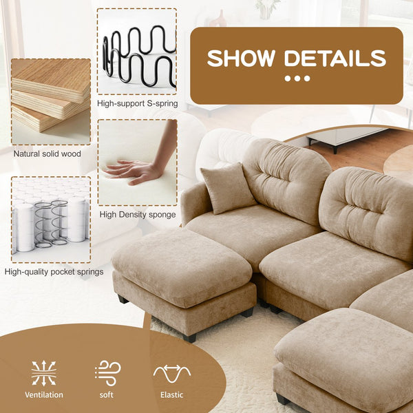 English Elm Modular U-Shaped Sectional Couch With Ottoman, Soft Camel Chenille, Customizable Comfort & Style W714S01383