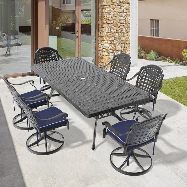 English Elm 7-Piece All-Weather Cast Aluminum Dining Set With 6 Swivel Chairs, Cushions & Rectangular Table W1710S00365