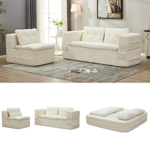 English Elm Multi Purpose Corduroy Sectional with Chaise Converts to King Floor Bed Deep Seat Beige W3219S00005