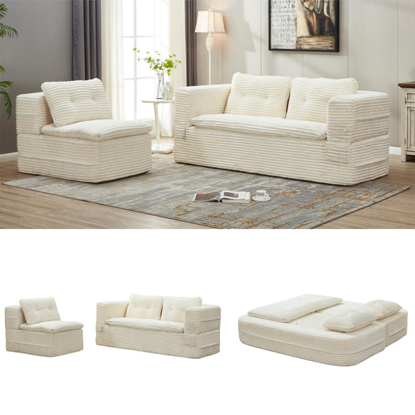 English Elm Multi Purpose Corduroy Sectional with Chaise Converts to King Floor Bed Deep Seat Beige W3219S00005
