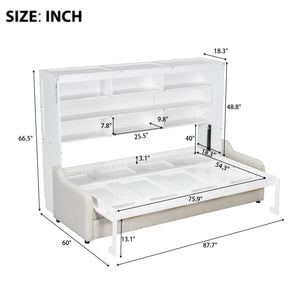 English Elm Full Size Murphy Cabinet Bed With Sofa, Built-In Storage & Led Lights - Stylish Space Saver In Beige N7090000602A