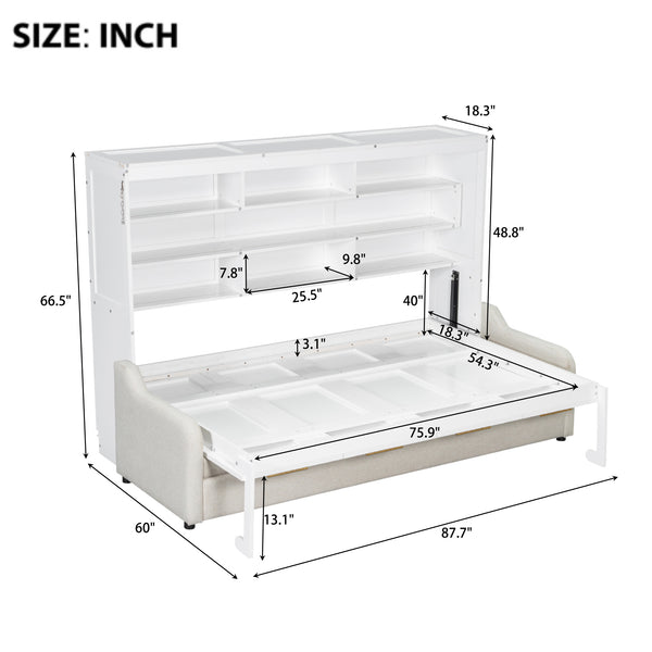English Elm Full Size Murphy Cabinet Bed With Sofa, Built-In Storage & Led Lights - Stylish Space Saver In Beige N7090000602A